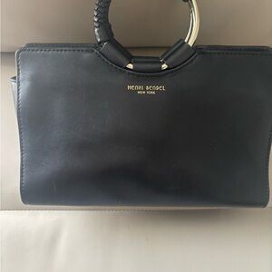 henri bendel Black Leather Ring-Handle Satchel with Gold Hardware